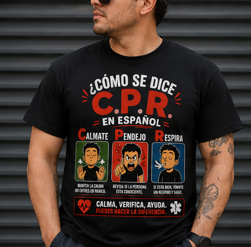¿Cómo Haces C.P.R. en Español? "Cálmate Pendejo Respira" Funny Spanish CPR T-Shirt