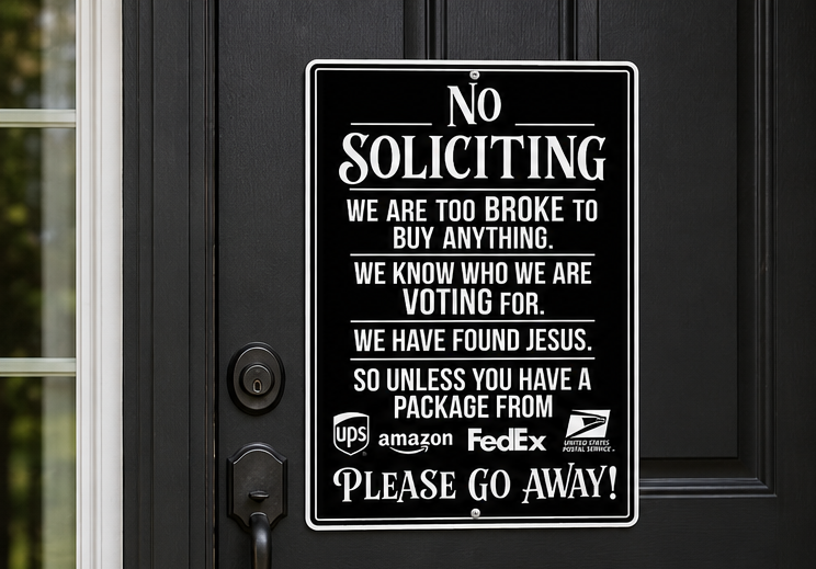 Funny No Soliciting Sign | We Are Too Broke to Buy Anything | Metal Door Sign