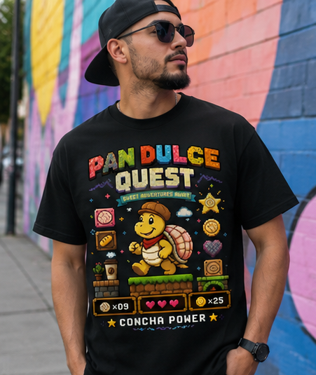 Pan Dulce Quest™ Concha Power Retro Pixel T-Shirt | Funny Mexican Bakery Gaming Tee