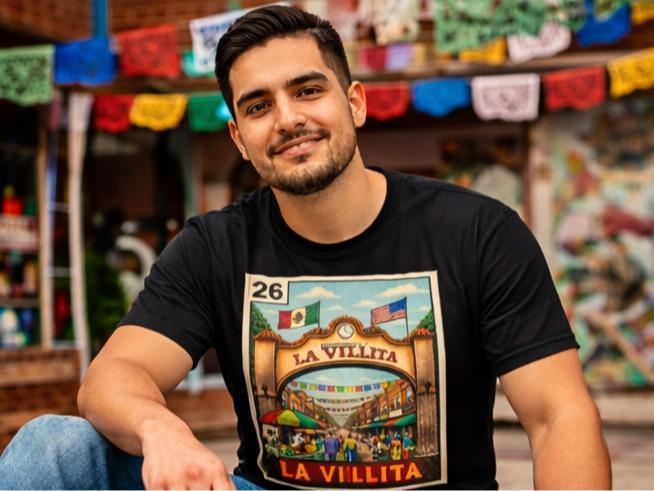 Men S T Shirt La Villita Chicago Loter A Vintage Sublimation Print Short Sleeve Classic Round Neck 26 Card Design Little Village Arch Graphic Black Streetwear Menswear Top