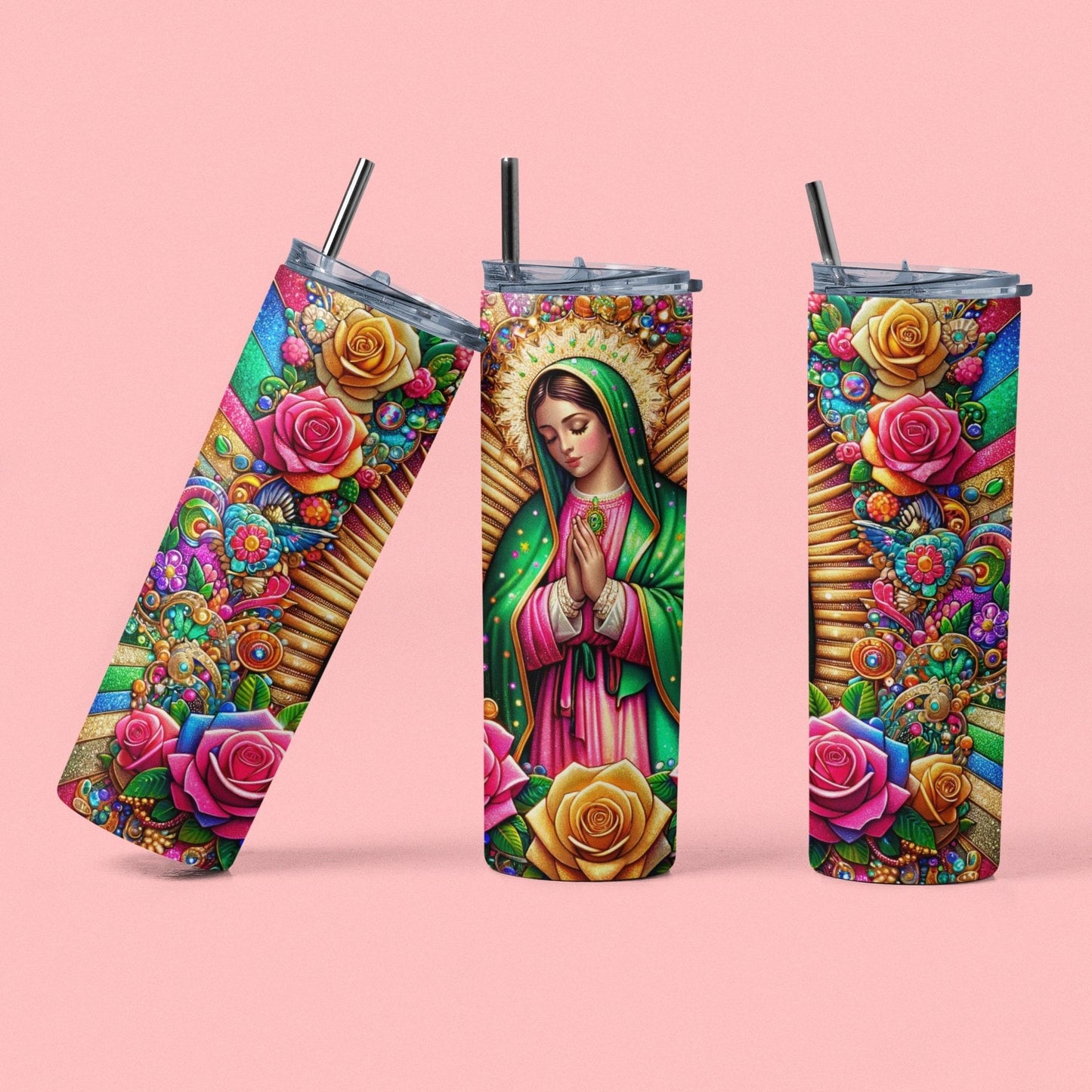 Virgen De Guadalupe 20oz Stainless Steel Reusable Tumbler, Leak-Proof Straw Lid, Washable Kitchenware Drinkware Accessory