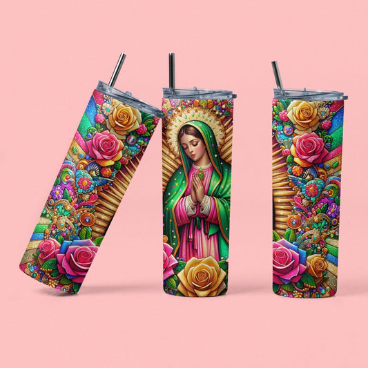 Virgen De Guadalupe 20oz Stainless Steel Reusable Tumbler, Leak-Proof Straw Lid, Washable Kitchenware Drinkware Accessory