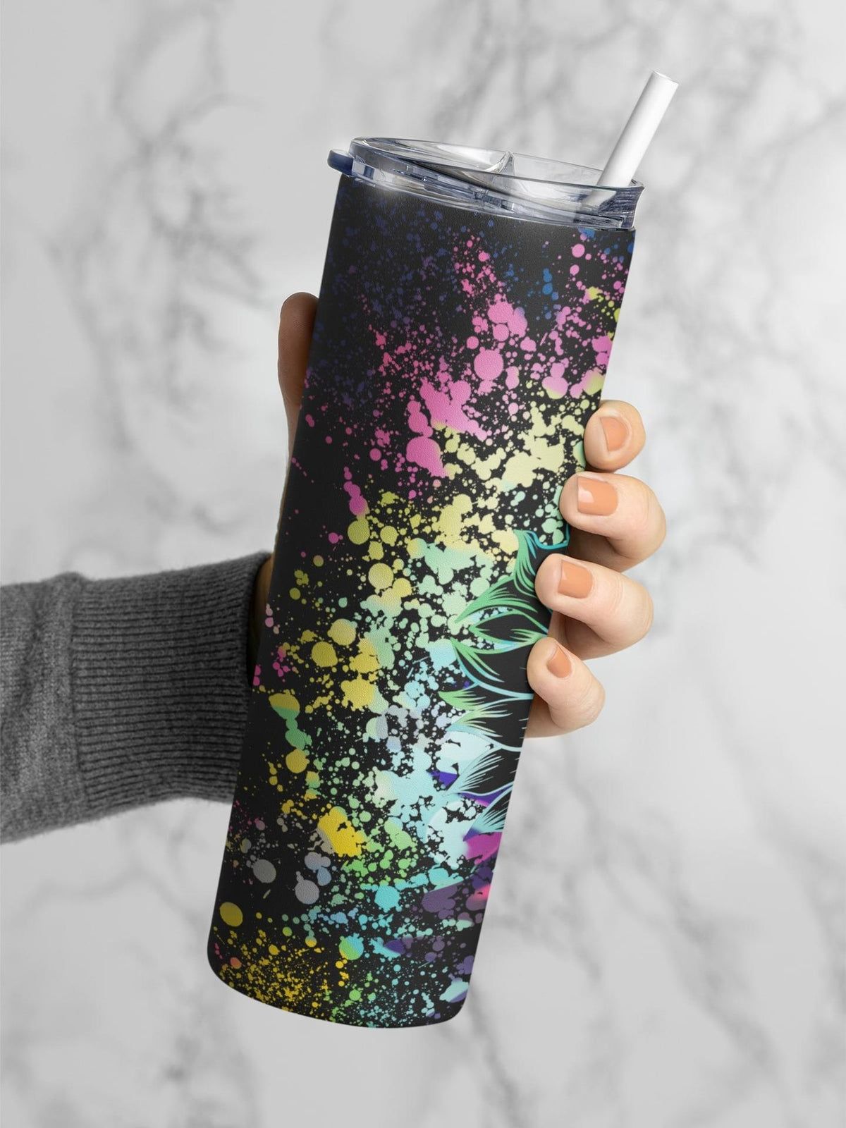 20oz Colorful Sunflower Splash Stainless Steel Insulated Thermal Tumbler Water Bottle, Portable Reusable Kitchenware Drinkware with Lid and Straw