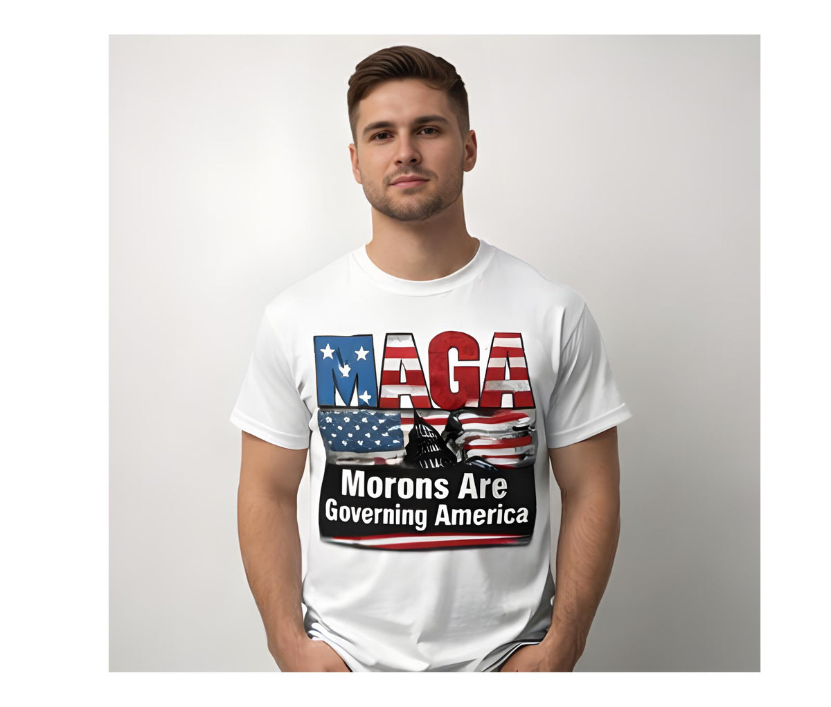 Men S Casual Cotton Round Neck Shortsleeve Graphic Tee Distressed Maga Morons Are Governing America Flag Print Bold Political Parody Breathable Menswear Top For Vibe Layering