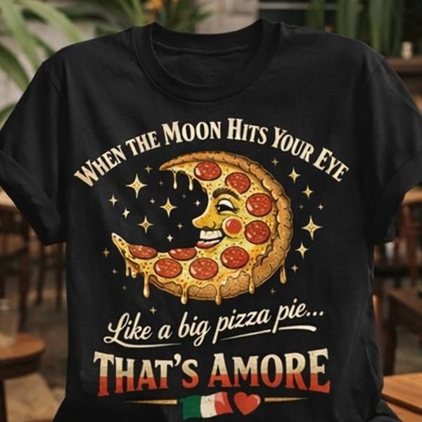 Men's Soft Short-Sleeve Round Neck Cotton Shirt - Unisex Casual Streetwear Clothes with "That’s Amore" Pizza Moon, Funny Vintage Italian Graphic, Retro Vibrant Print