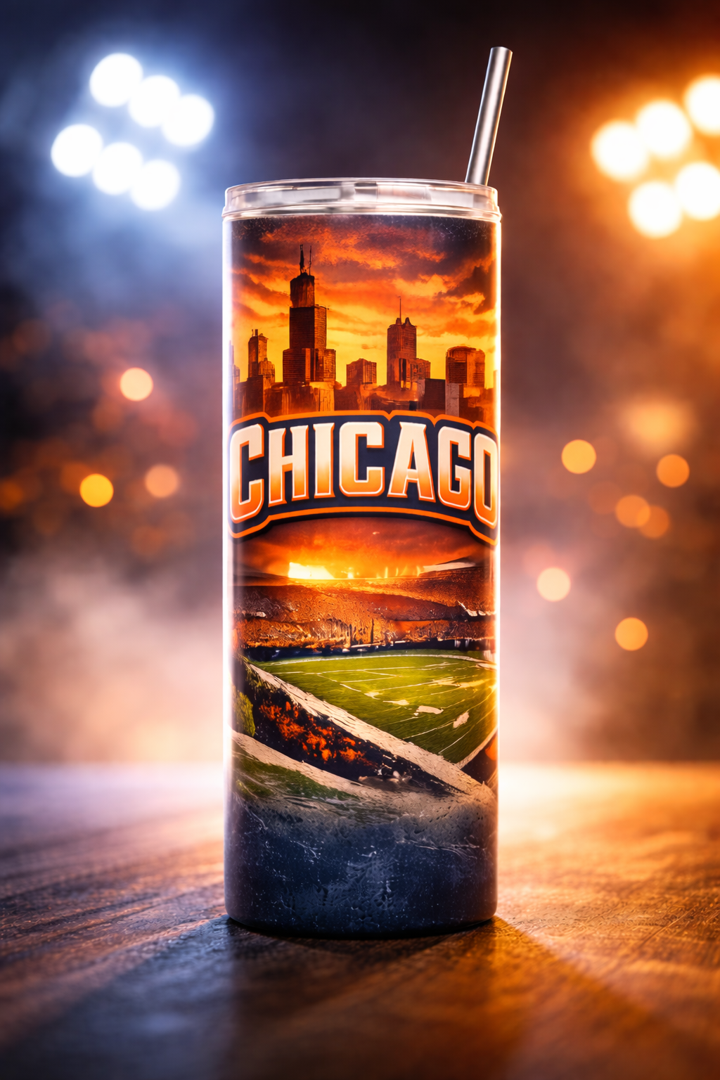 Botella de agua de metal delgada Chicago Football de 20 oz, recipiente portátil con tapa