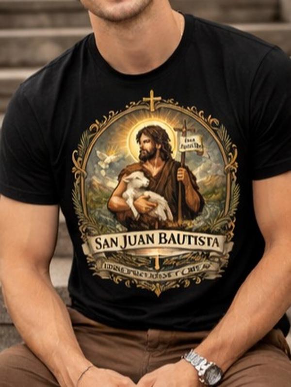 Men's Short-Sleeve Round Neck Graphic T-Shirt - Casual Menswear Top with San Juan Bautista Religious "Arrepiéntanse y Crean" Design, Shortsleeve, Tshirt