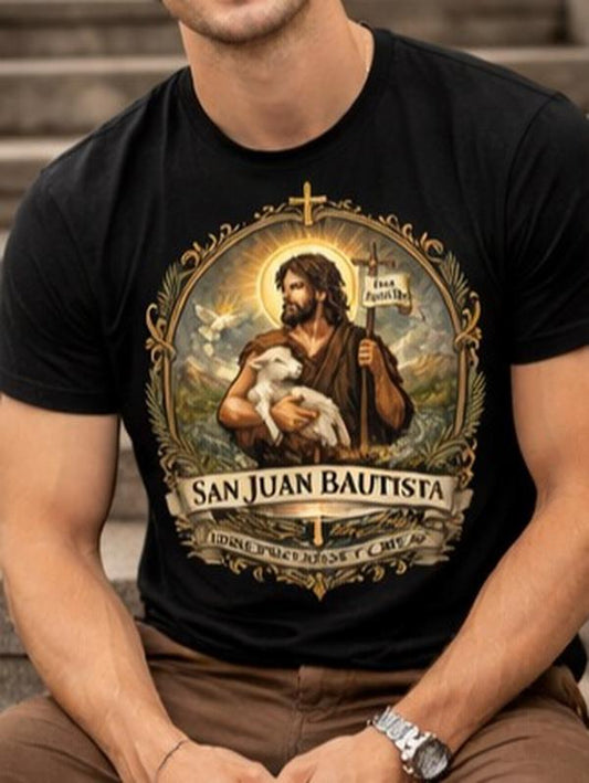 Men's Short-Sleeve Round Neck Graphic T-Shirt - Casual Menswear Top with San Juan Bautista Religious "Arrepiéntanse y Crean" Design, Shortsleeve, Tshirt