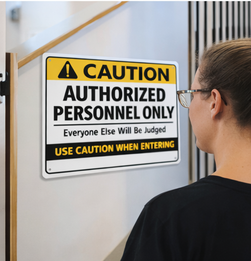Divertido cartel metálico de precaución, Solo personal autorizado - "Los demás serán juzgados" Regalo ligero de aluminio vibrante para decoración del hogar en interiores