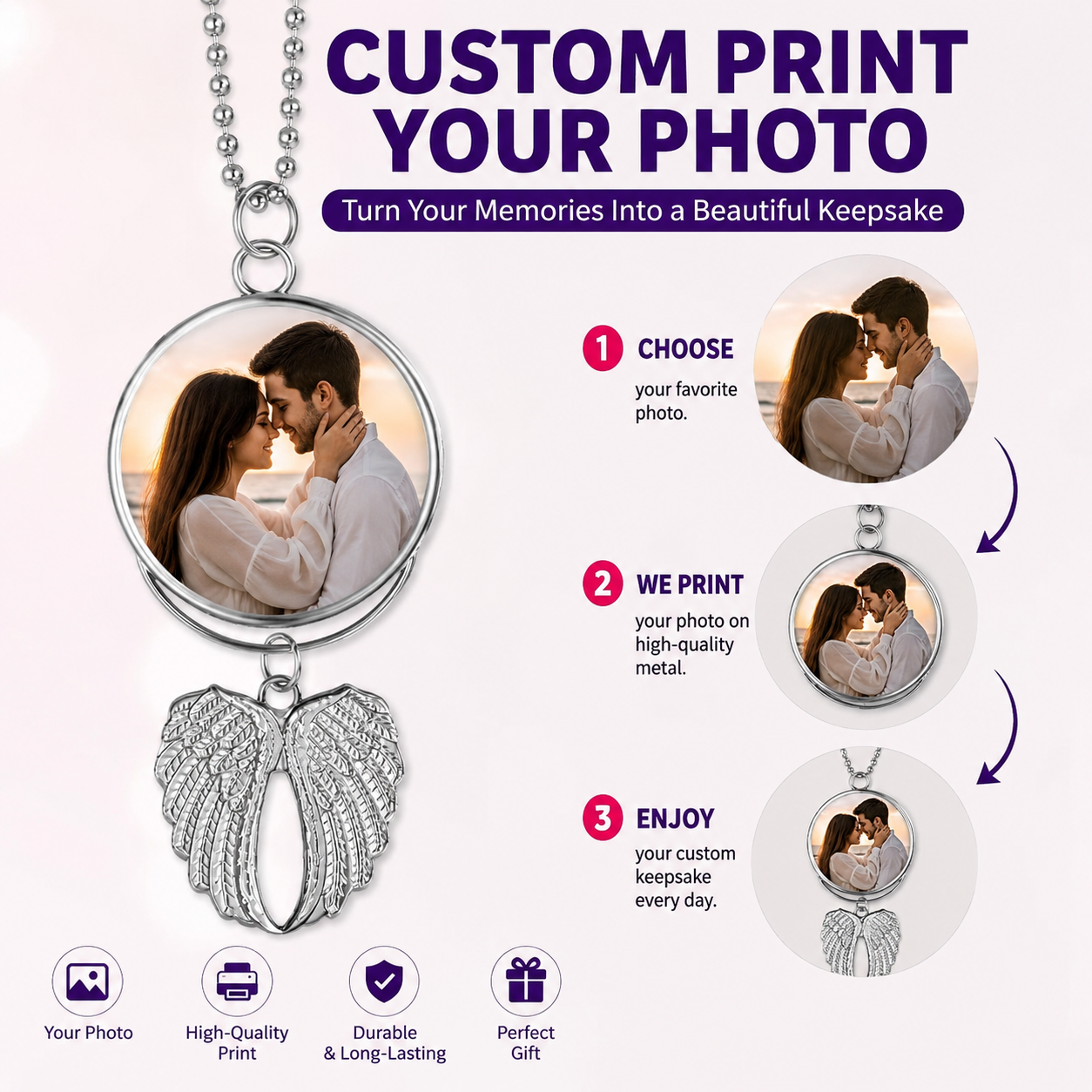 Unisex Custom Double-Sided Memorial Angel Wing Pendant, Personalized Photo Necklace with Unisex Names, In Loving Memory Keepsake Charm Gift