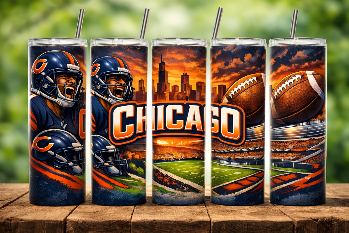 Botella de agua de metal delgada Chicago Football de 20 oz, recipiente portátil con tapa