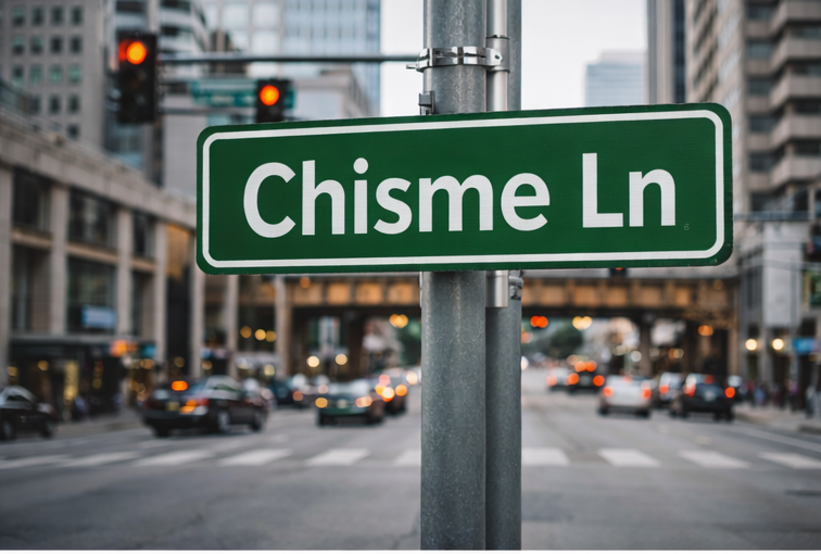 Cartel de calle divertido de Chisme Ln