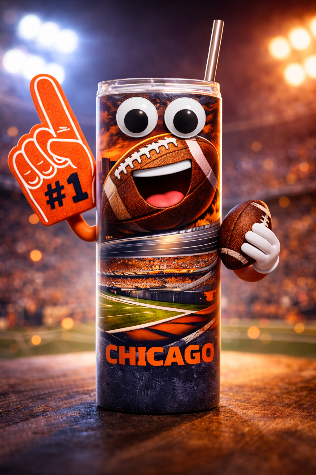 Botella de agua de metal delgada Chicago Football de 20 oz, recipiente portátil con tapa
