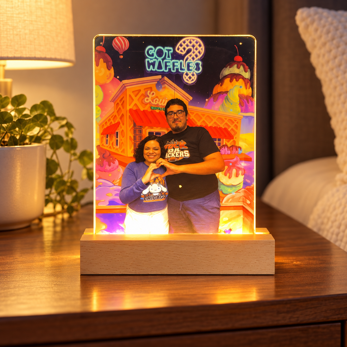 Custom 5″ × 7″ LED Acrylic Photo Night Light with Wooden Base
