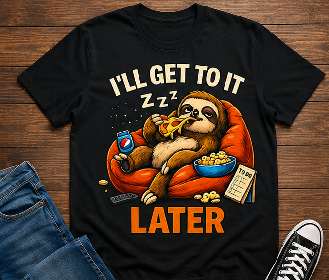 Men's Short-Sleeve Cotton Fabric Round Neck Soft T-Shirt - Funny "I’ll Get To It Later" Sloth Procrastination Print, Streetwear Style, Versatile for Students, Paired with Jeans or Joggers