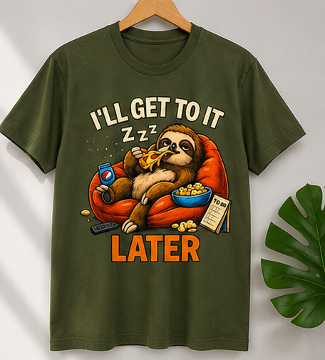 Men's Short-Sleeve Cotton Fabric Round Neck Soft T-Shirt - Funny "I’ll Get To It Later" Sloth Procrastination Print, Streetwear Style, Versatile for Students, Paired with Jeans or Joggers