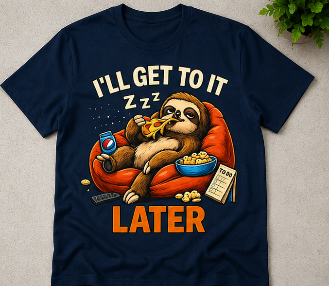 Men's Short-Sleeve Cotton Fabric Round Neck Soft T-Shirt - Funny "I’ll Get To It Later" Sloth Procrastination Print, Streetwear Style, Versatile for Students, Paired with Jeans or Joggers
