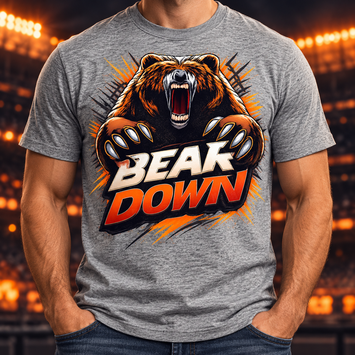 Bear Down Roaring Bear Graphic T-Shirt | Chicago Football Fan