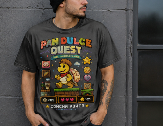 Pan Dulce Quest™ Concha Power Retro Pixel T-Shirt | Funny Mexican Bakery Gaming Tee