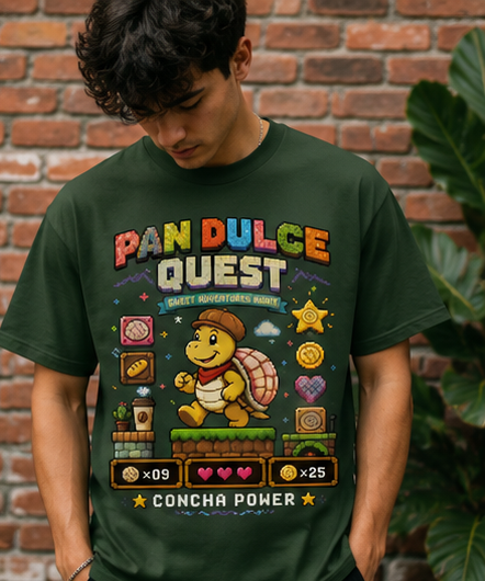 Pan Dulce Quest™ Concha Power Retro Pixel T-Shirt | Funny Mexican Bakery Gaming Tee