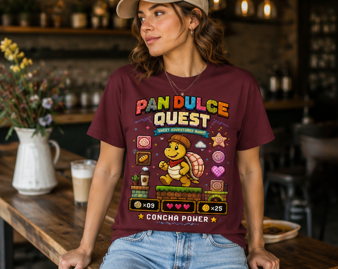 Pan Dulce Quest™ Concha Power Retro Pixel T-Shirt | Funny Mexican Bakery Gaming Tee