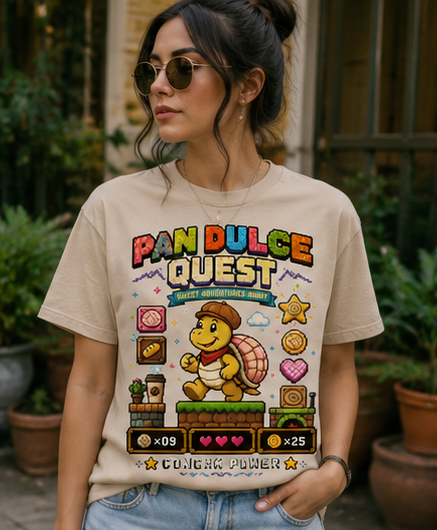 Pan Dulce Quest™ Concha Power Retro Pixel T-Shirt | Funny Mexican Bakery Gaming Tee