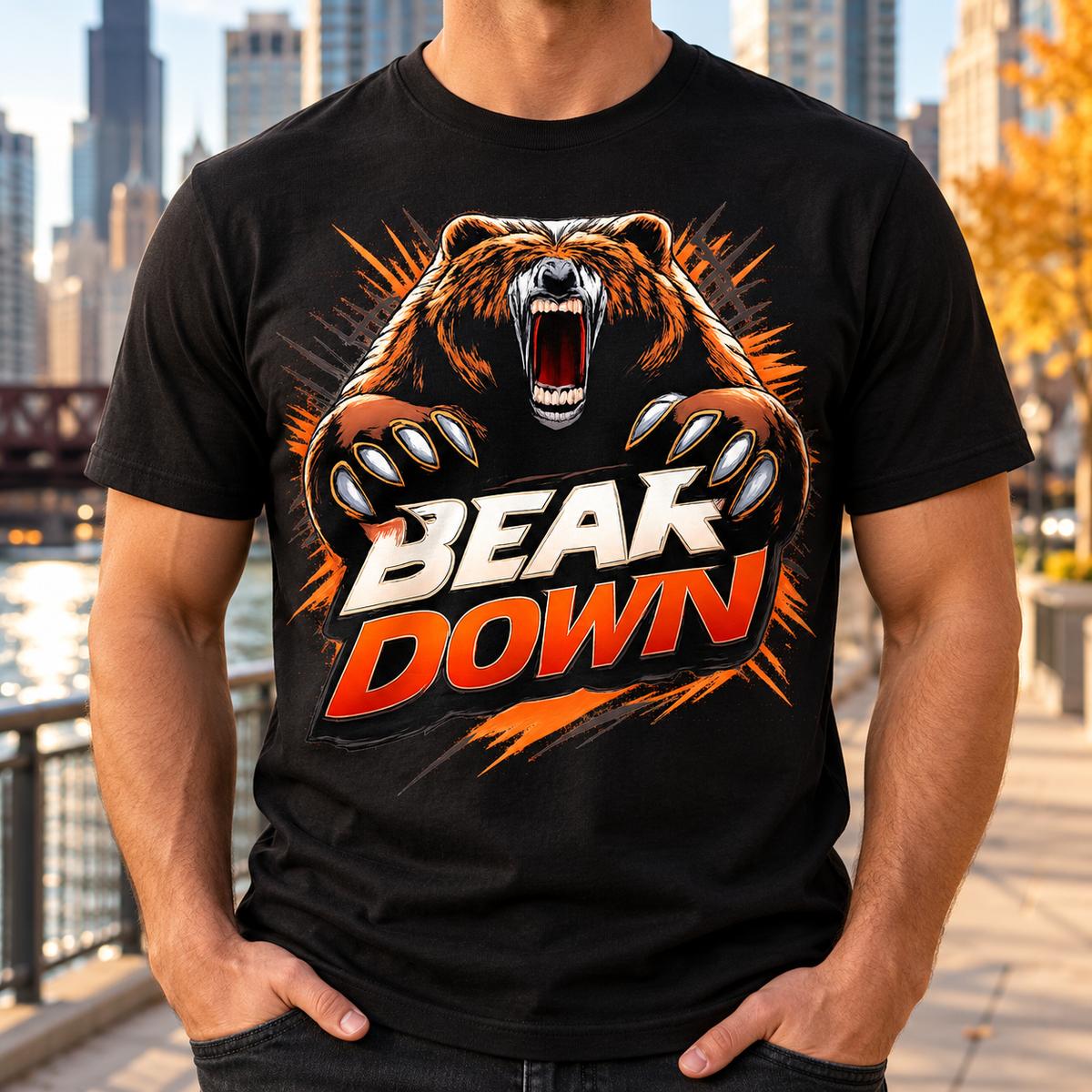 Bear Down Roaring Bear Graphic T-Shirt | Chicago Football Fan