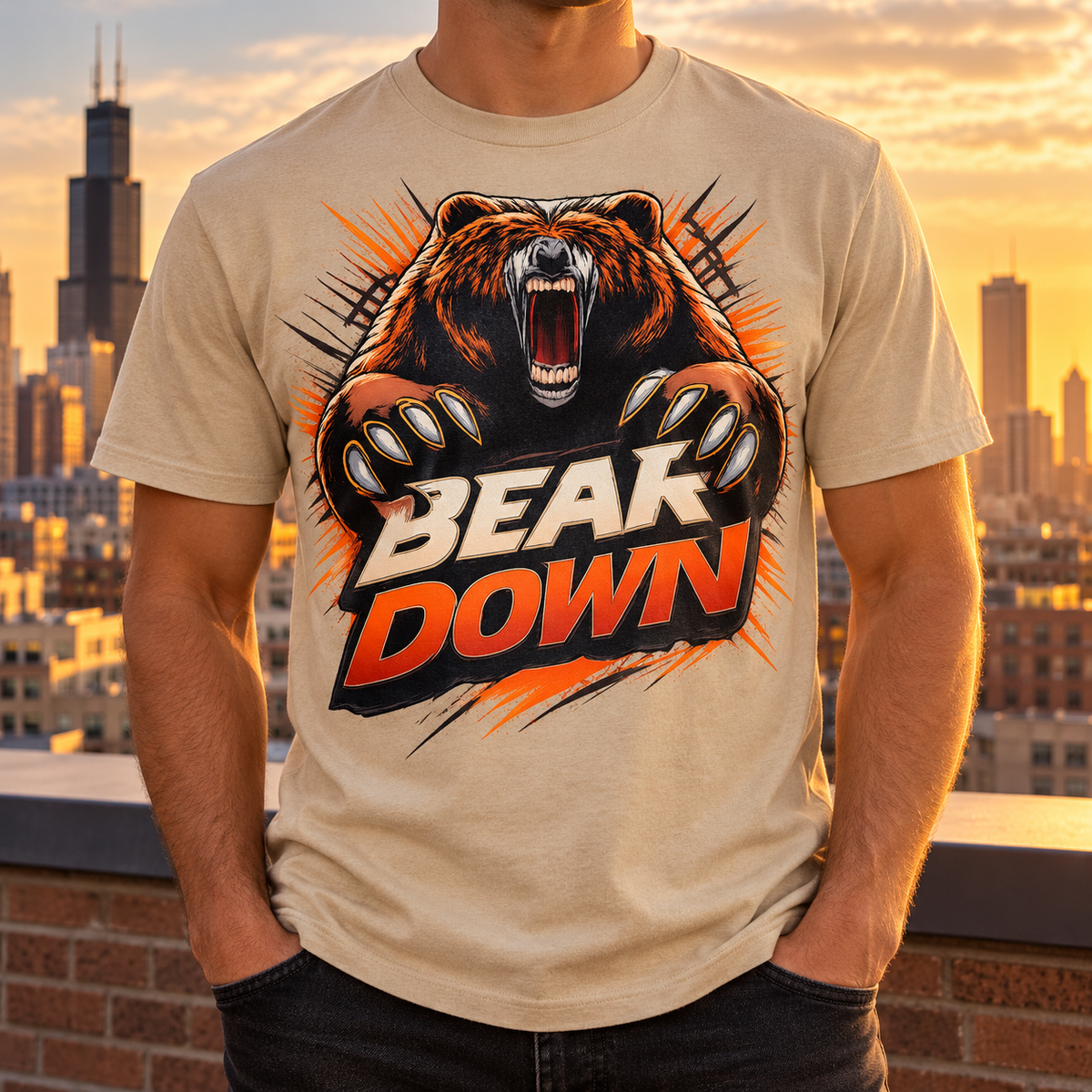 Bear Down Roaring Bear Graphic T-Shirt | Chicago Football Fan