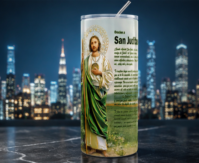 San Judas Tadeo Spanish Prayer 20oz Skinny Tumbler