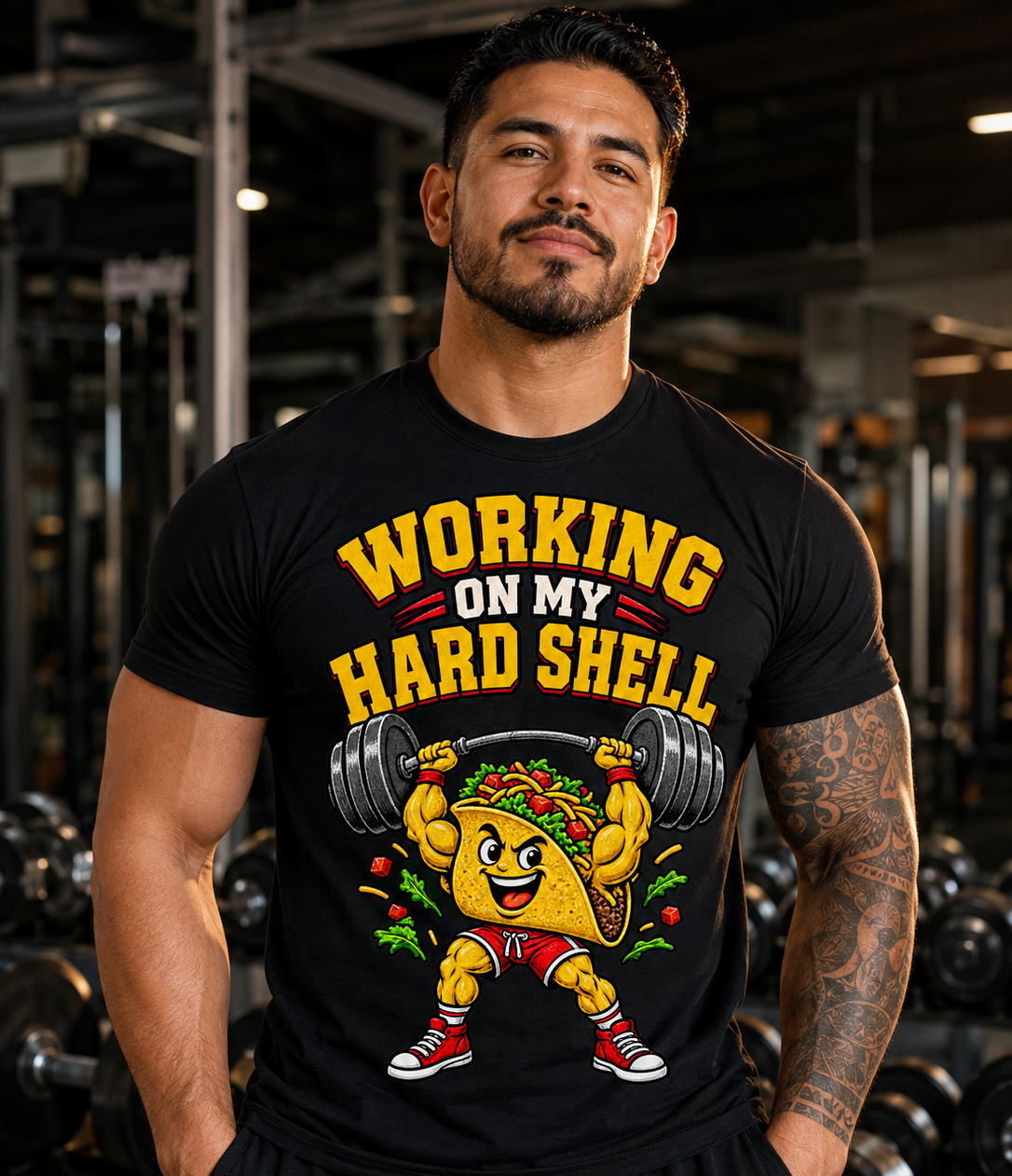 Working on My Hard Shell Funny Taco Gym T-Shirt