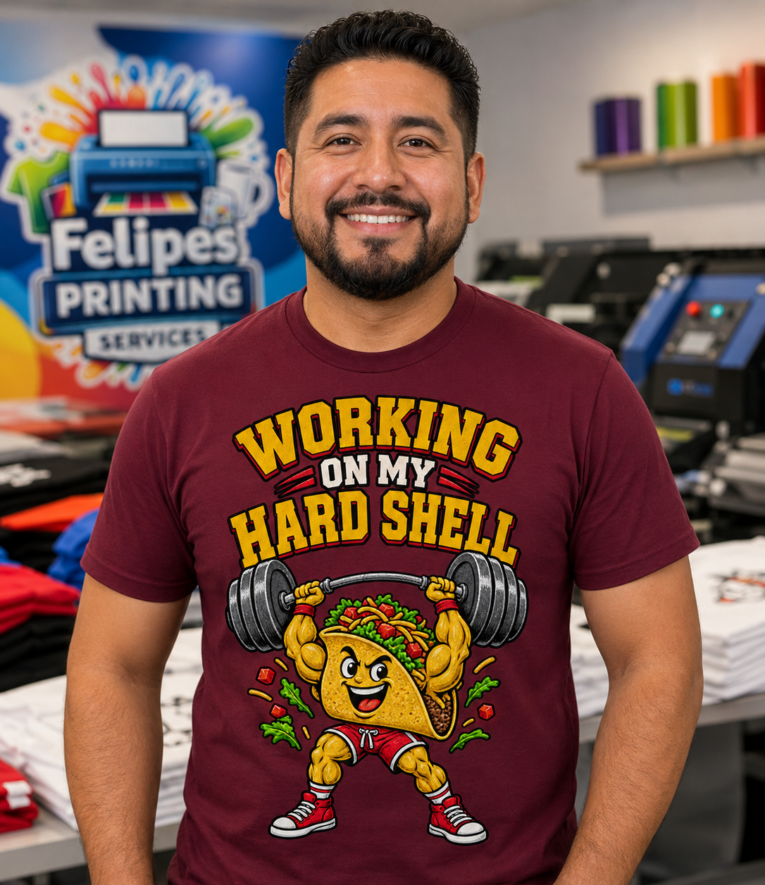Working on My Hard Shell Funny Taco Gym T-Shirt