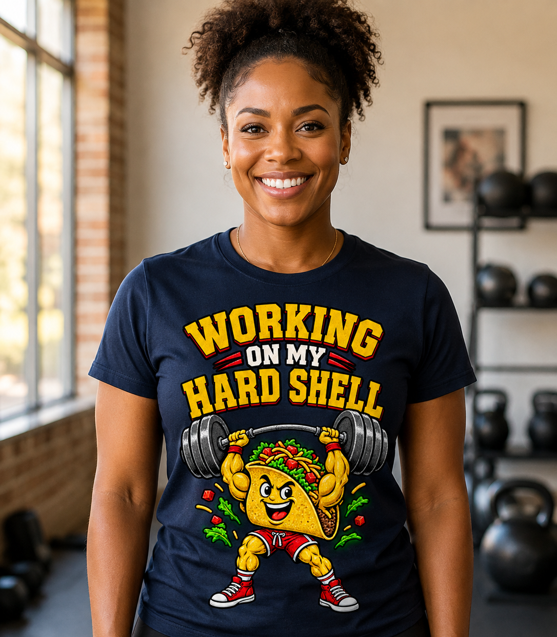 Working on My Hard Shell Funny Taco Gym T-Shirt