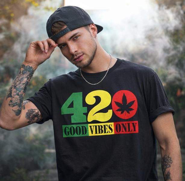 Men's Short-Sleeve Round Neck Cotton T-Shirt - Unisex 420 Rasta Color Cannabis Print Classic Casual Streetwear Good Vibes Graphic Top, Shortsleeve