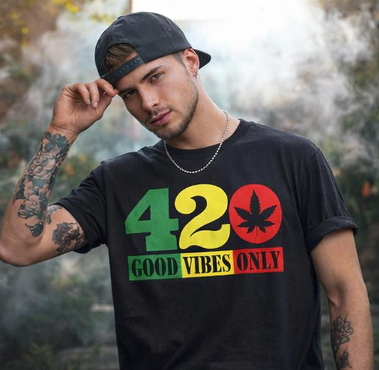 Men's Short-Sleeve Round Neck Cotton T-Shirt - Unisex 420 Rasta Color Cannabis Print Classic Casual Streetwear Good Vibes Graphic Top, Shortsleeve