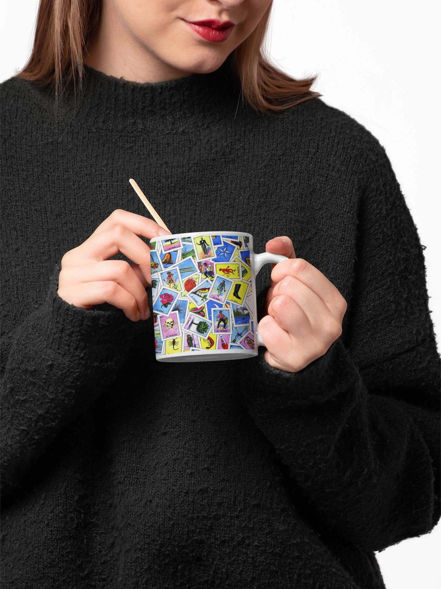 Retro Lotería-Inspired Stylish Reusable Ceramic Coffee Mug - Colorful Collage Design, Washable Cup for Hot, Cold Drinks