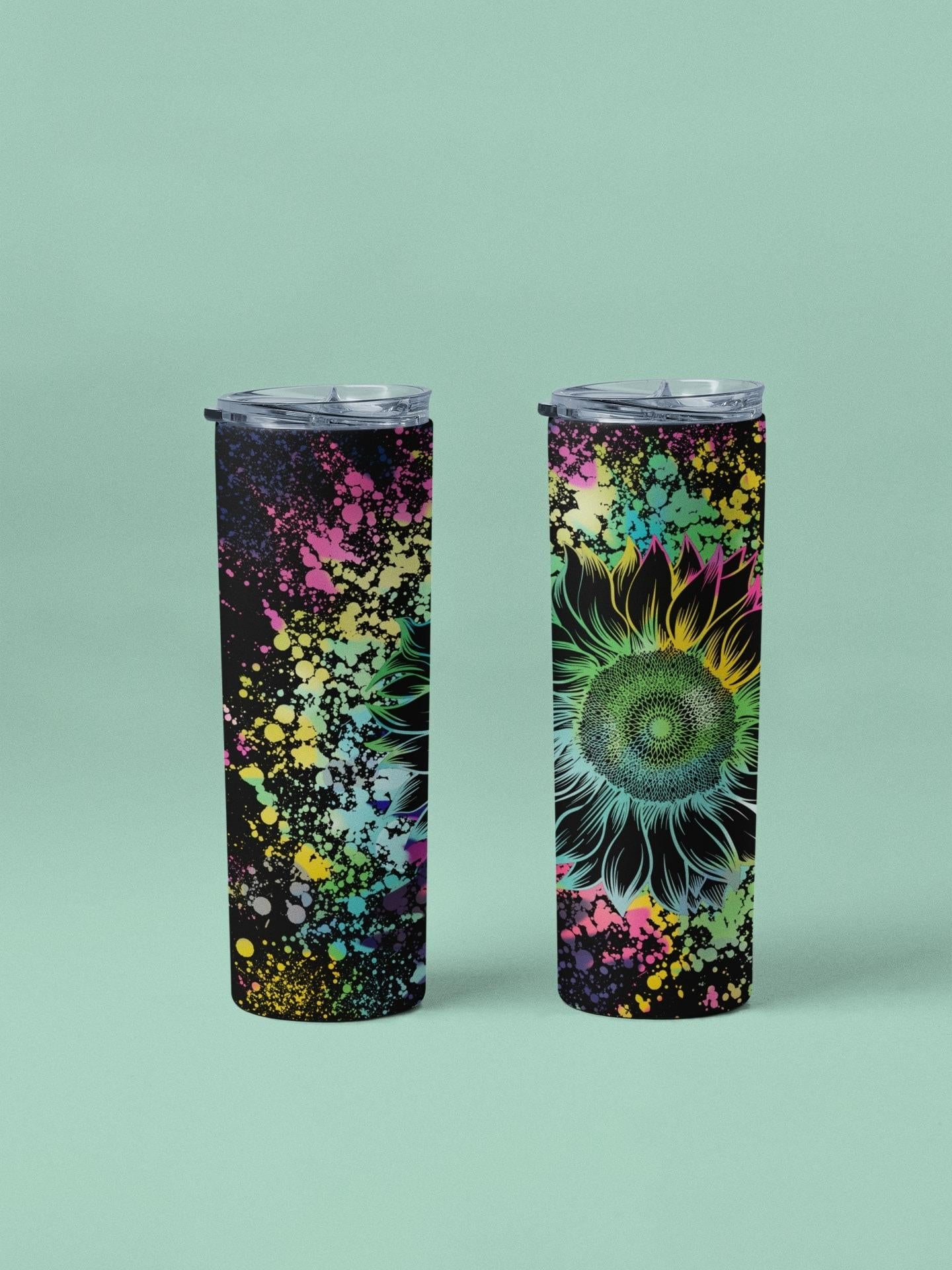 20oz Colorful Sunflower Splash Stainless Steel Insulated Thermal Tumbler Water Bottle, Portable Reusable Kitchenware Drinkware with Lid and Straw