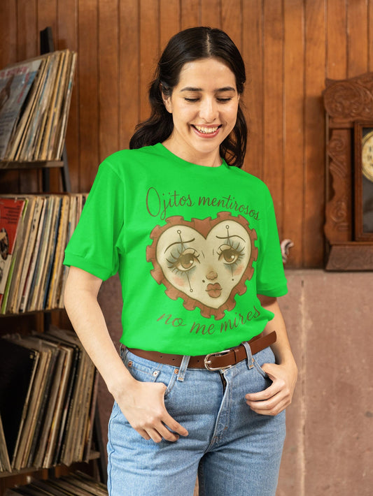 Menswear Short Sleeve Cotton Round Neck Classic Tee Top Breathable Ojitos Mentirosos Graphic Vintage Heart Design Unique Text Artistic Print Stylish Comfortable Fit For Casual Outfits