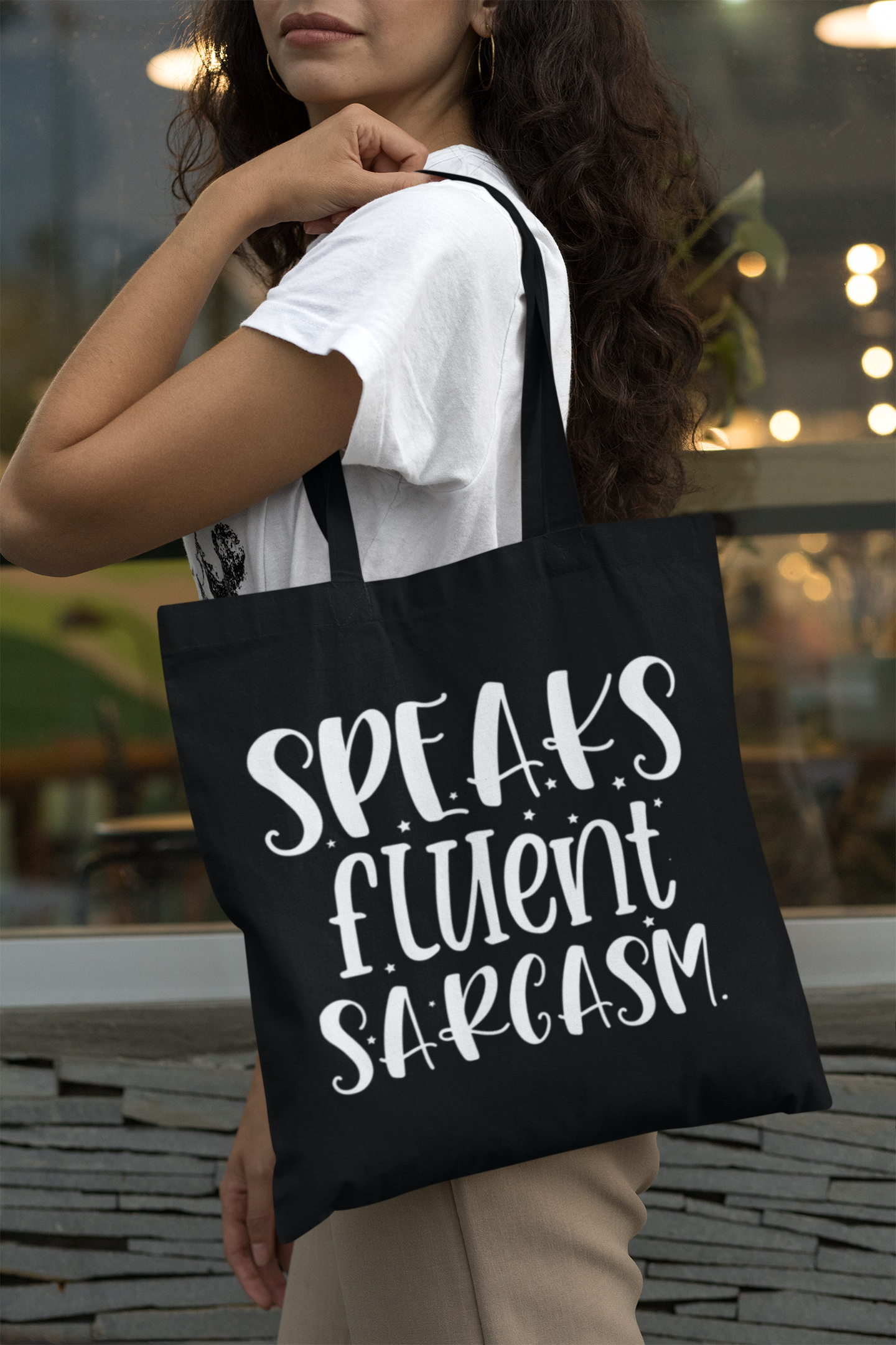 Speaks Fluent Sarcasm Black Canvas Tote Bag