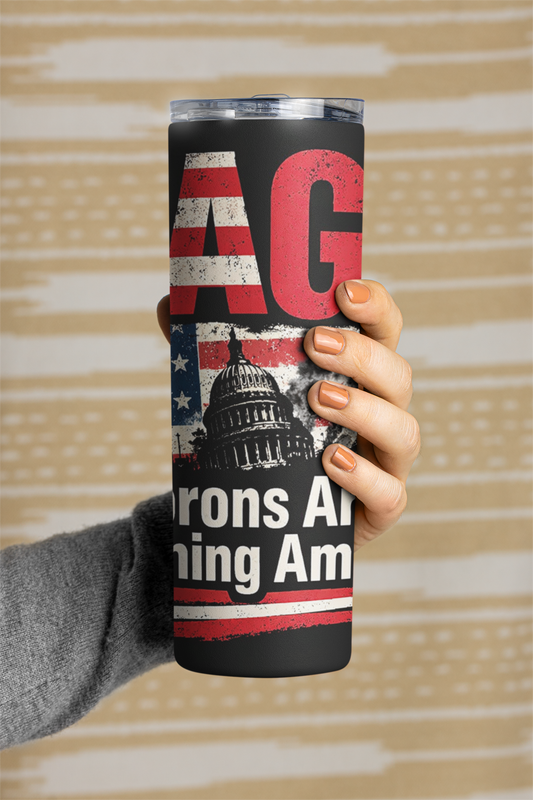 20oz Portable Skinny Printed MAGA Parody Stainless Steel Insulated Tumbler, Reusable Glossy Water Bottle with Lid and Straw, Funny Political Gift - "Morons Are Governing America"