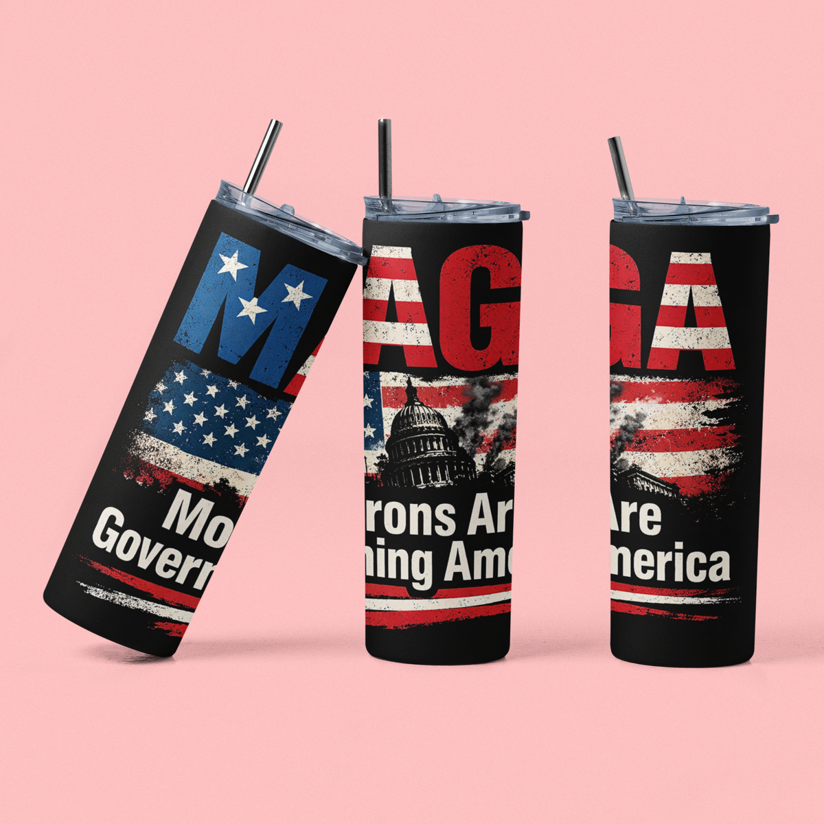 20oz Portable Skinny Printed MAGA Parody Stainless Steel Insulated Tumbler, Reusable Glossy Water Bottle with Lid and Straw, Funny Political Gift - "Morons Are Governing America"