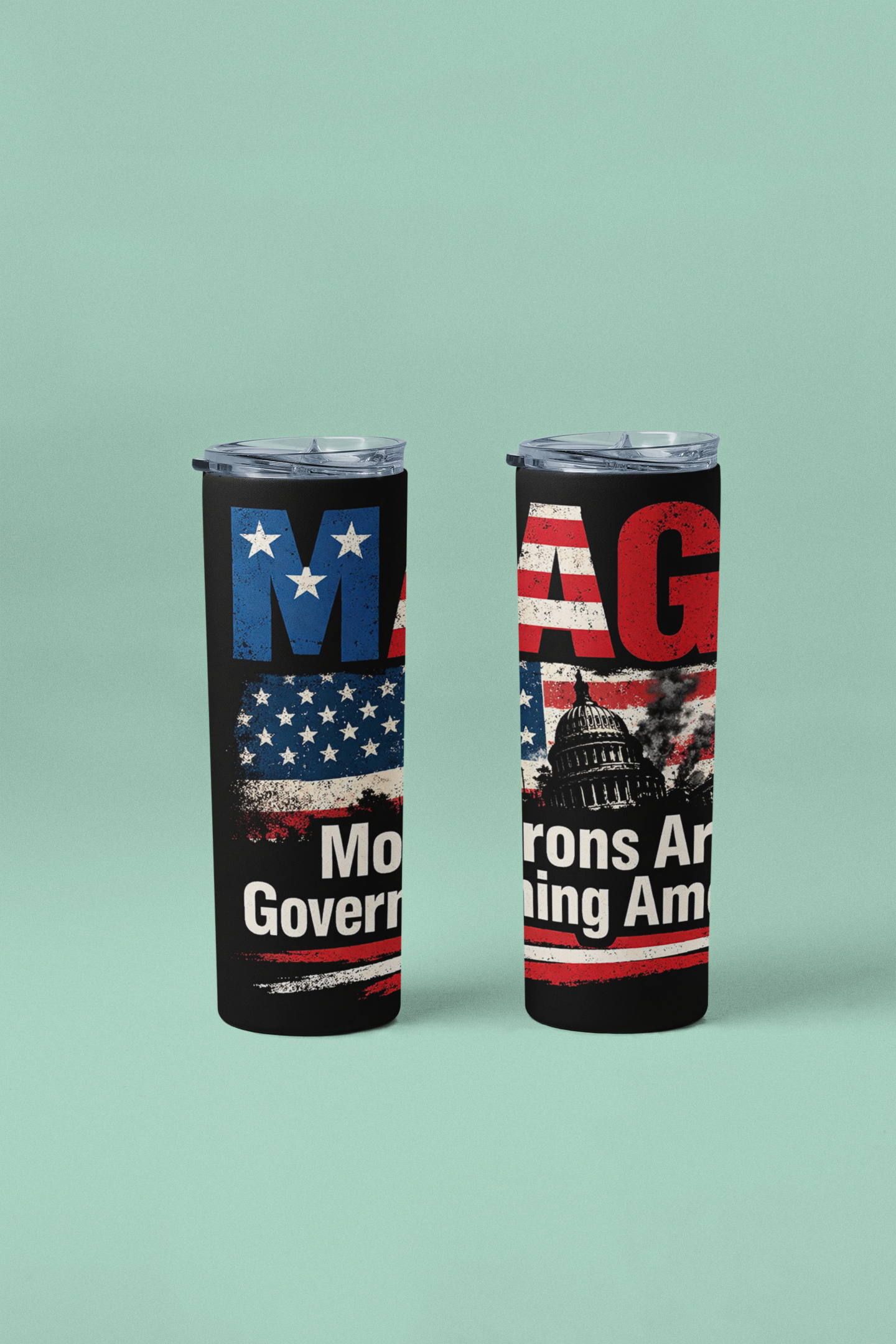 20oz Portable Skinny Printed MAGA Parody Stainless Steel Insulated Tumbler, Reusable Glossy Water Bottle with Lid and Straw, Funny Political Gift - "Morons Are Governing America"